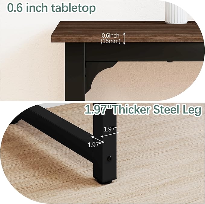 NSdirect Large Office Desk for Home Office, Large 63” Computer Desk Table, Wide Writing Study Desk for 2 Person, Metal Sturdy Frame Thicker Steel Legs, Black Chocolate