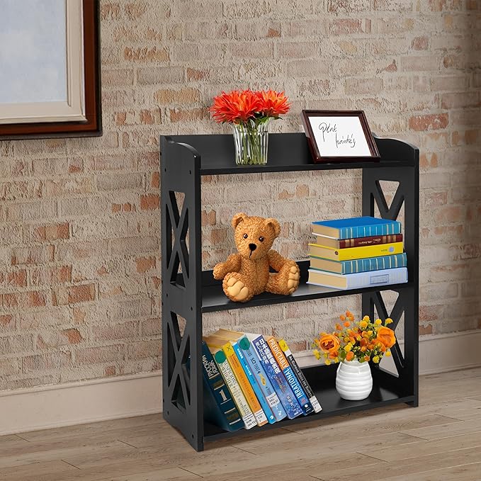 Black Bookcase by Natural Wood, 3 Tier Bookshelf, Small Book Shelves Freestanding Display Storage Shelves. Open Bookshelf for Bedroom, Living Room and Office (Black, 3 Tier)