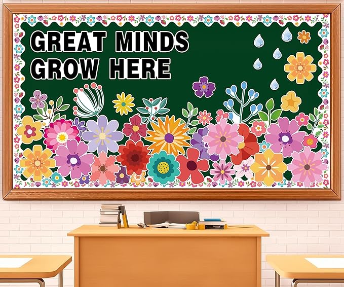 Wildflowers Spring Bulletin Board Set – Floral Great Minds Grow Here Classroom Decor – Sunflower Cutouts with Blackboard Borders for Back to School, Wall & Door Displays