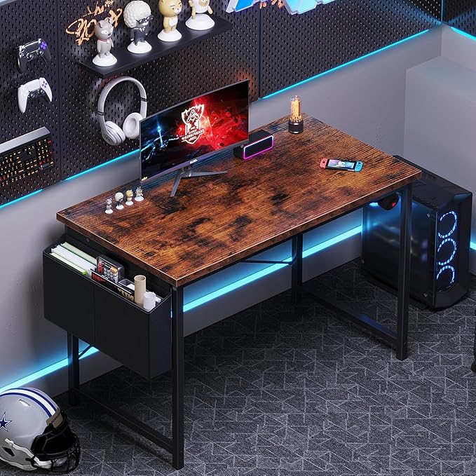 OLIXIS Computer Desk 44 Inch Home Office Desks for Small Spaces, Gaming Writing Study Work Table with Storage Bag and Headphone Hook for Bedroom, Rustic Brown