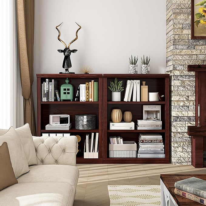 3-Tier Bookshelf Basic Book Case, Wooden Storage Shelves Rustic Bookshelf, D:12.8" x W: 29.5" x H:41.2", Sturdy Display Cabinet for Living Room, Library, Office, 3-Tier, Cherry