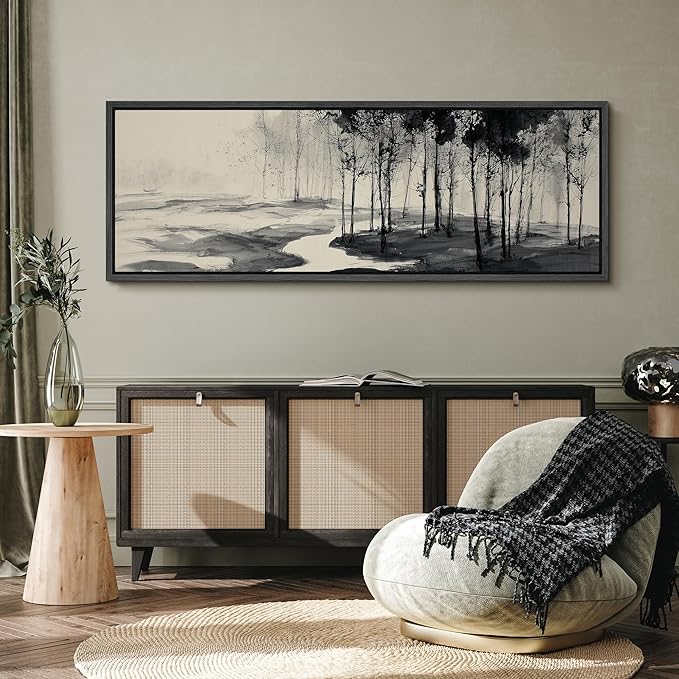 SIGNFORD Large Framed Canvas Print Wall Art Minimalist Ink Forest Landscape Illustrations Modern Art Calm Warm for Living Room, Bedroom, Office - 60"x20"
