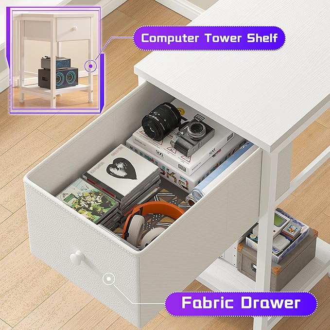 White Desk with Drawers, 40" L Shaped Computer Desk with Monitor Stand & LED Lights & Power Outlet for Small Room, Study Room, Bedroom, White