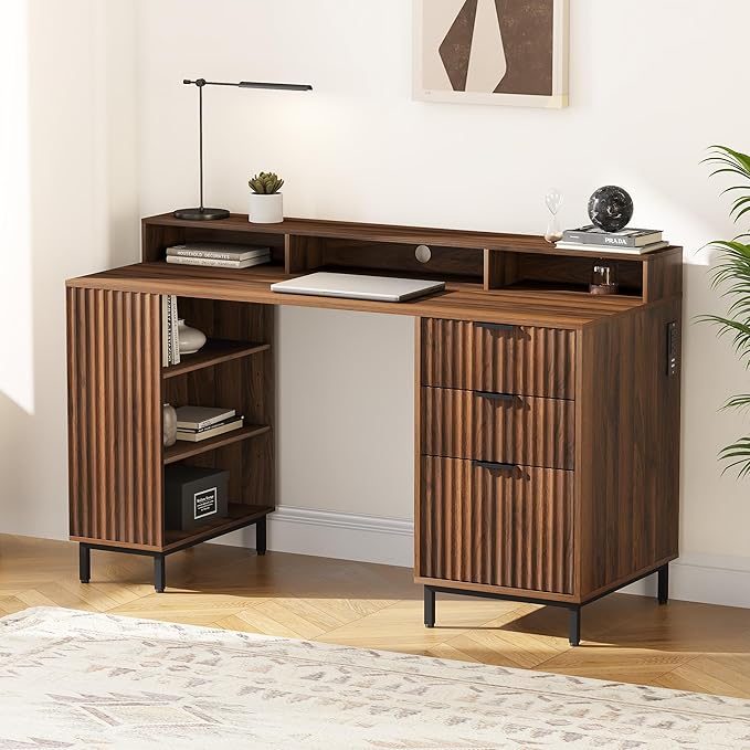 Brown Fluted Executive Desk with Storage Shelf & File Drawer, 55" Modern Wood Office Desk with Monitor Stand & Charging Station, Home Writing Computer Table for Work Study