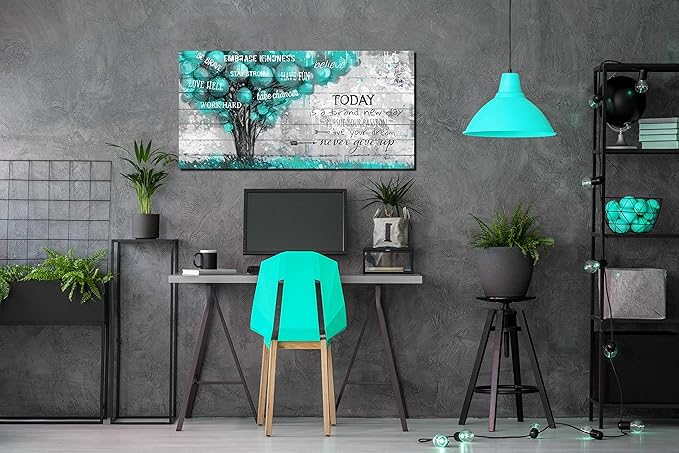 Teal Wall-Decor For Office - Inspirational Quotes Tree Wall Art - Large Canvas Wall Art Teal Decor For Living Room Ready To Hang Size 20" x 40"