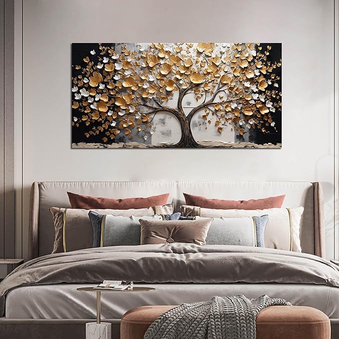 SKYRISE Abstract Gold Tree Wall Art for Living Room, Golden Tree Canvas Wall-Decor for Bedroom, Modern Landscape Decorative-Picture Print Artwork for Office Home, Size 48x24 Inches