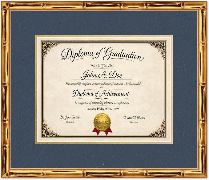 Diploma Frame Gold Bamboo with Navy Blue Over Gold Double Mat - Fits 14 x 11 College Diploma (Modern) Wall Display Made in the USA
