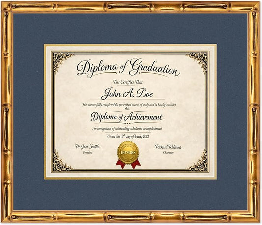 Diploma Frame Gold Bamboo with Navy Blue Over Gold Double Mat - Fits 14 x 11 College Diploma (Modern) Wall Display Made in the USA
