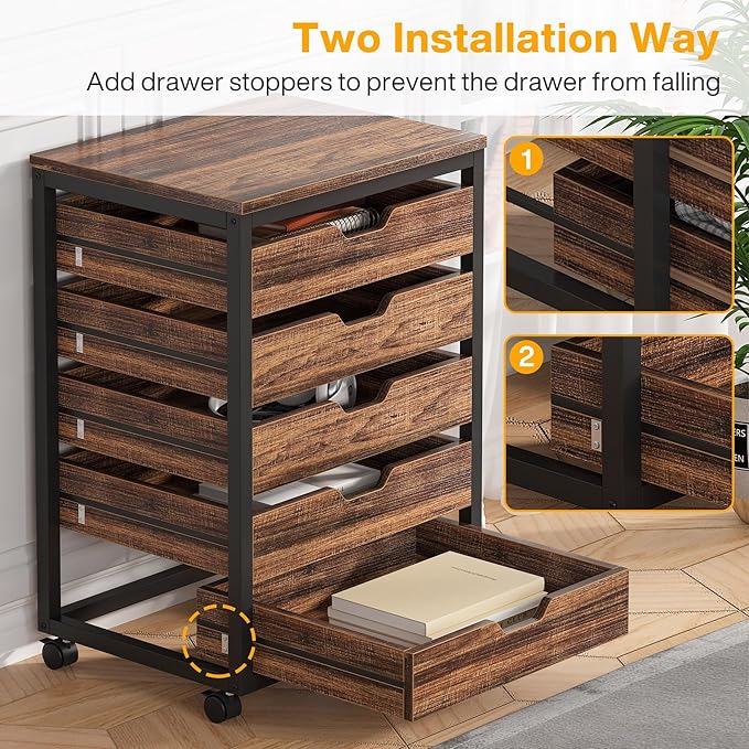Tribesigns 5-Drawer File Cabinet, Wood Mobile Storage Drawer Unit, Industrial Office Cabinet with Drawers & Wheels, Rolling Printer Stand for Home Office (Rustic Brown)
