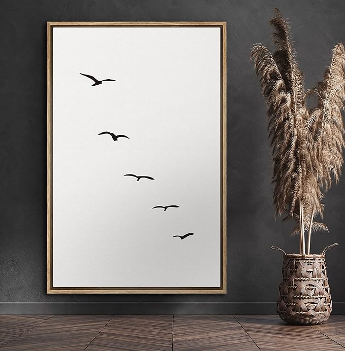 SIGNFORD Framed Canvas Print Wall Art Minimalist Composition of Flock of Birds Abstract Wilderness Digital Art Modern Art Rustic Scenic Multicolor for Living Room, Bedroom, Office - 24"x36" Natural
