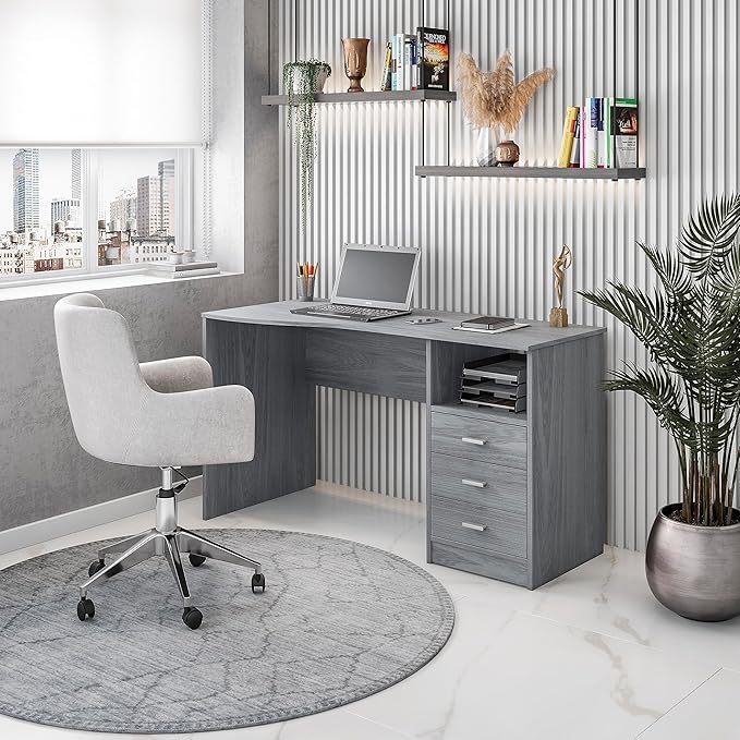 51" Classic Computer Desk with Drawers, 3-Drawer Home Office Desk with Storage, Grey