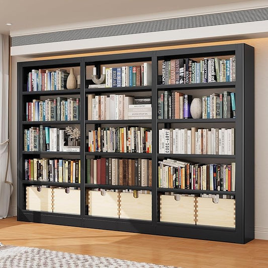 Bookshelf,5-Tier Industrial Book Shelf, White Bookcases and Bookshelves,Tall Book Shelf Storage Organizer,Freestanding for Living Room, Bedroom,Home Office,Metal (Black, Bookshelf-3)