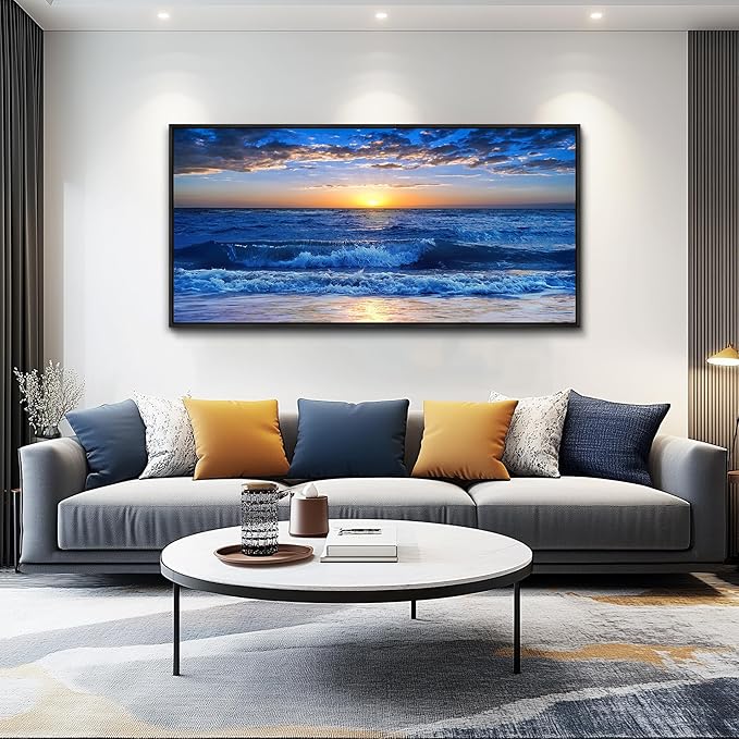 Sea Beach Framed Canvas Wall Art For Living Room Large Size Wall Decor For Bedroom Office Decor Blue Ocean Wall Pictures Artwork Sunny Sea View Wave Painting Home Decorations Black Framed 24" X 48"