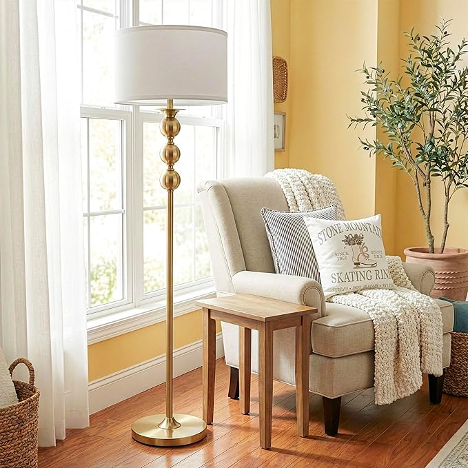 Brightech Riley 60" Floor Lamp, Elegant Modern Standing Lamp with Drum Shade, Boho Chic Mid-Century Living Room Décor, Classy, Traditional Art Deco Corner Floor Lamp for Bedroom, Office - Gold/Brass