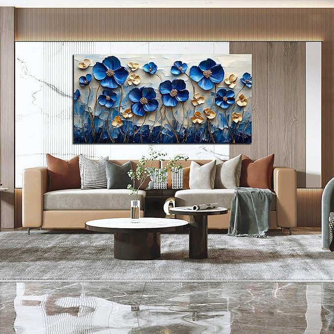 SIXTTART Blue Flower Living Room Pictures Wall Decor - Gold Flower Canvas Wall Art for Bedroom - Modern Large Wall Art for Office Size 29" x 59"