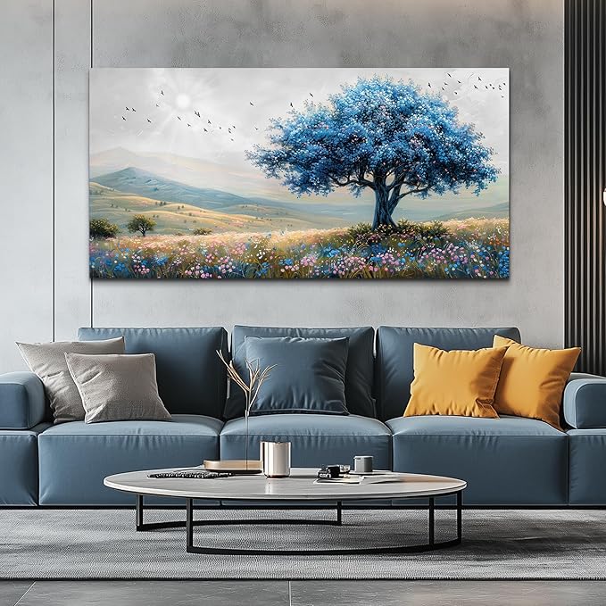KELIYUAN Large Farmhouse Wall Decor For Living Room Frame Wall Art For Bedroom Office Decoration Field Scenery Wall Painting Blue Trees Artwork canva Pictures Modern Aesthetics Home Decor 30x60In