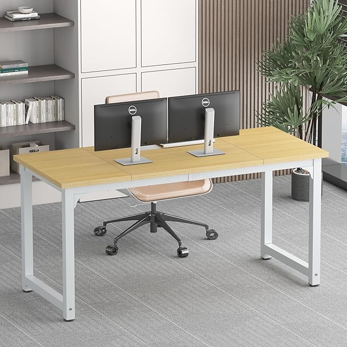 NSdirect 63" Computer Desk,Large Home Office Desk Wide Workstation 1 inch Thicker Tabletop for Writing,Games and Home Work PC Desk Modern Finish Wood Board and Sturdy Steel Legs,Oak+White
