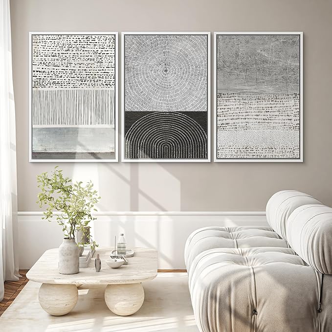 SIGNWIN Framed Canvas Print Wall Art Set Industrial Black & Gray Collage Abstract Geometric Illustrations Minimalism Modern Art Decorative Boho for Living Room, Bedroom, Office - 16"x24"x3 White
