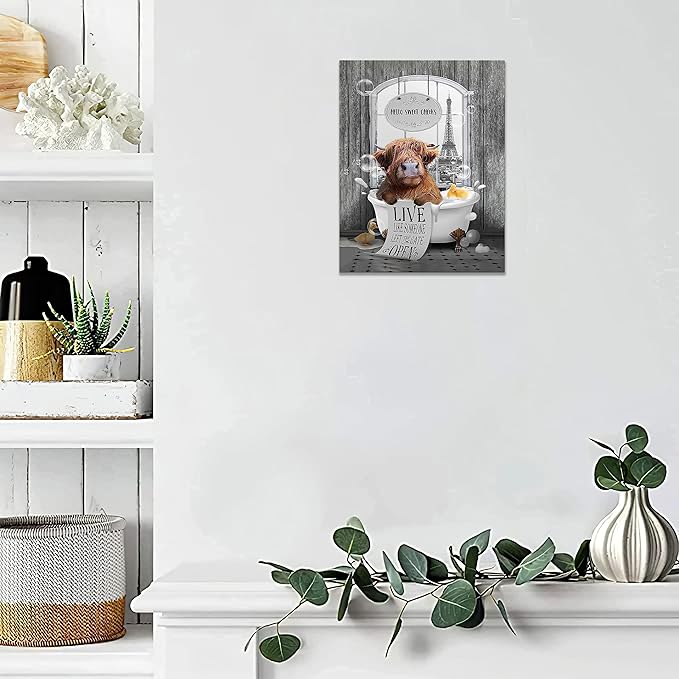 yerretin Funny Highland Cow Bathroom Wall Art Cow in Bathtub Pictures Wall Decor Hello Sweet Canvas Painting Modern Artwork Bathroom Decorations Framed Ready to Hang 16"x20"