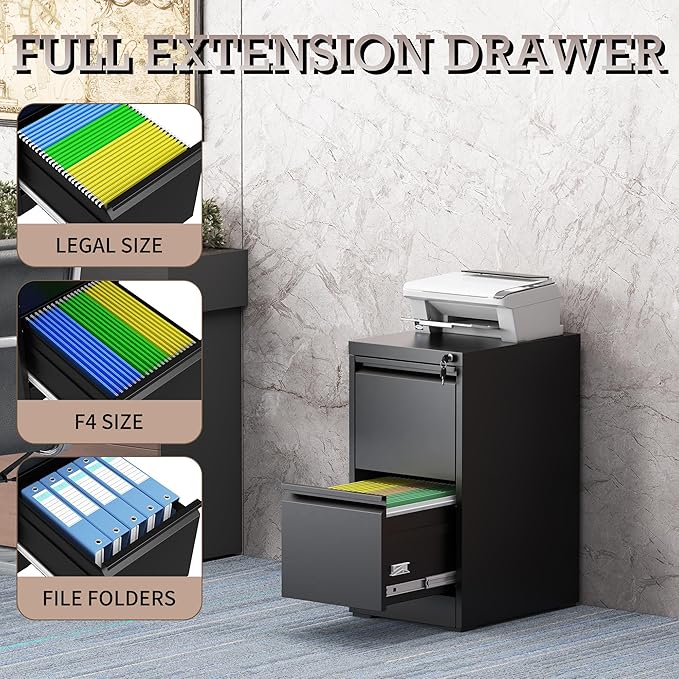 2 Drawer File Cabinet with Lock, File Cabinet, Steel Vertical Filing Cabinets for Home Office, Heavy Duty File Storage Cabinet for Legal/Letter/A4 Documents, Easy to Assemble, Black