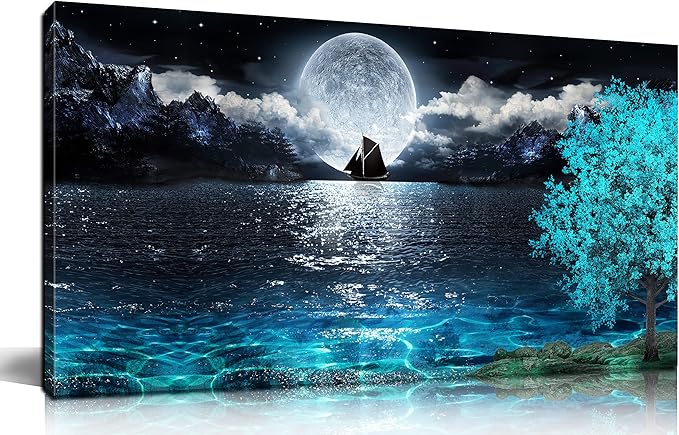 aburaeart Moon Sea Ocean Large Canvas Wall-Art For Living Room - Blue Tree Wall Decor - Large Artwork On Canvas Print Ready To Hang 29" x 59"