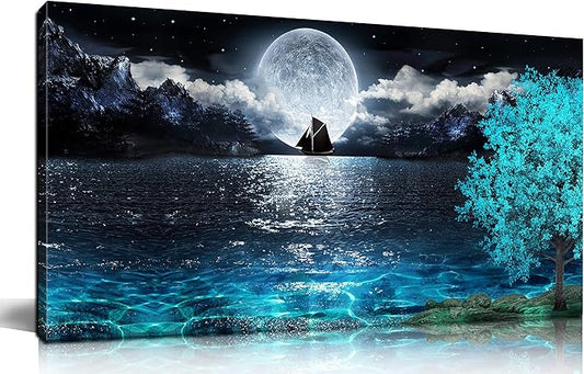 aburaeart Moon Sea Ocean Large Canvas Wall-Art For Living Room - Blue Tree Wall Decor - Large Artwork On Canvas Print Ready To Hang 29" x 59"