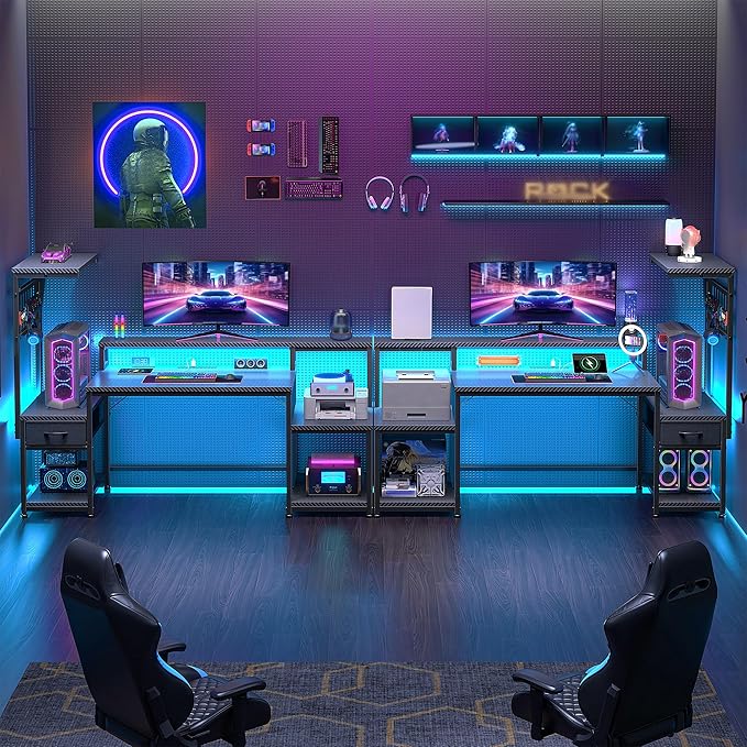 55" Gaming Desk with LED Lights & Outlets,Computer Desk with Drawers & Monitor Stand,Gaming Table with Storage Shelves & Printer Space for Game Room,Study Room,Home Office,Bedroom,Black