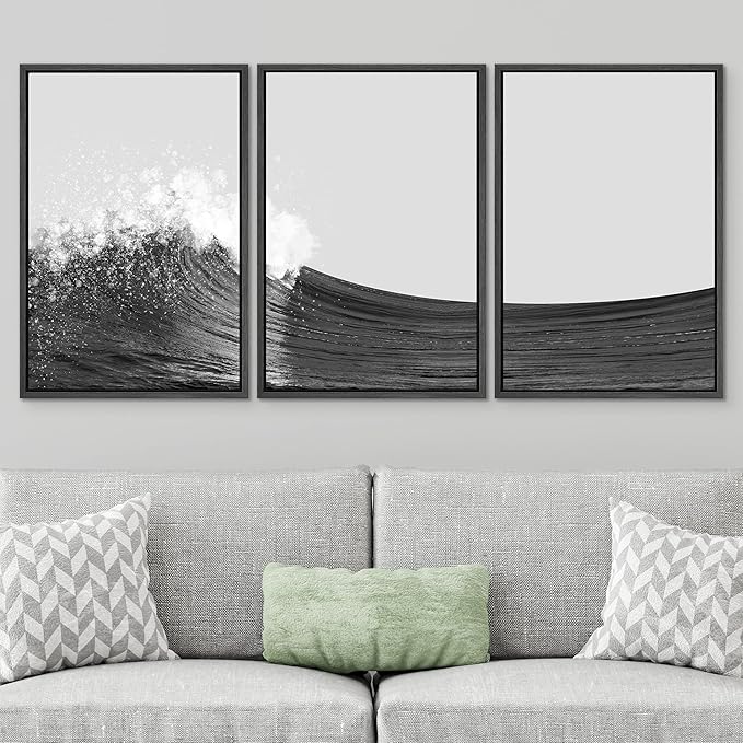SIGNWIN 3 Piece Framed Canvas Wall Art Black and White Ocean Waves Nature Wilderness Illustrations Abstract Traditional Relax/Calm Home Artwork Decoration for Living Room,Bedroom - 16"x24"x3 Black