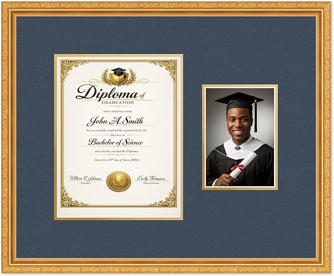 CountryArtHouse Fits 8.5 x 11 Certificate (Portrait) and 5 x 7 Photo Diploma and Photo Frame Museum Gold Genuine Hardwood with Navy Blue Over Metallic Gold Double mat