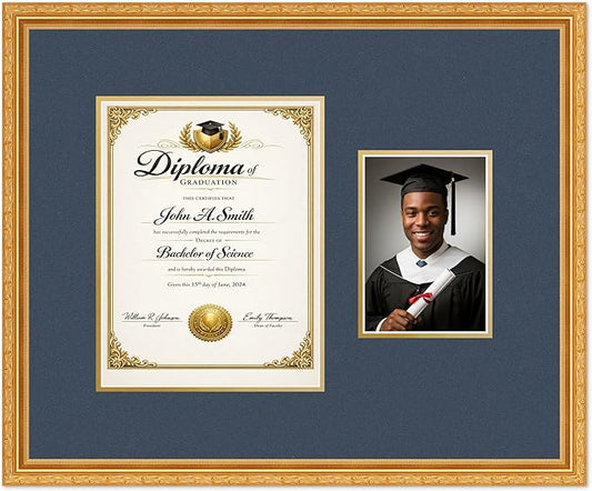 CountryArtHouse Fits 8.5 x 11 Certificate (Portrait) and 5 x 7 Photo Diploma and Photo Frame Museum Gold Genuine Hardwood with Navy Blue Over Metallic Gold Double mat