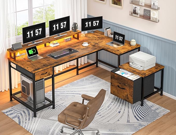 96.5''Office Desk with LED Lights, L Shaped Gaming Desks with Power Outlets, Two Person Computer Desk with Drawers & Monitor Shelf for Home Office, Study Room and Bedroom, Rustic Brown