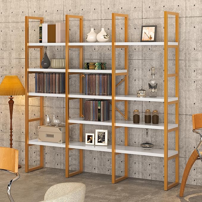 Jehiatek Gold Bookshelf 5 Tiers, Geometric Bookcase, 71"L x 71"H Tall Etagere Book Case, Sturdy Metal Frame, Freestanding Display Shelving Unit for Home, Office, Library