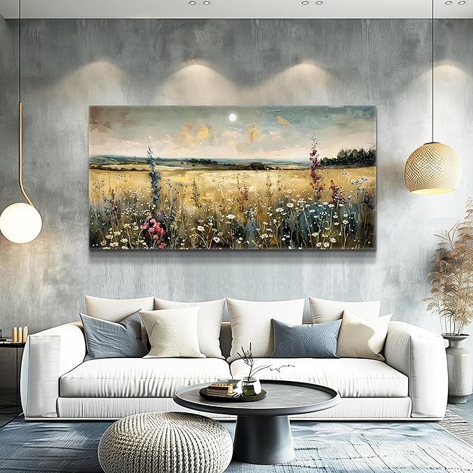 KELIYUAN Large Vintage Natural Field Landscape Painting Home Decor Farmhouse Vintage Meadow Wildflowers Modern Printed Artwork Living Room Decor Bedroom Office Can Be Hung Directly 30 X 60 Inches