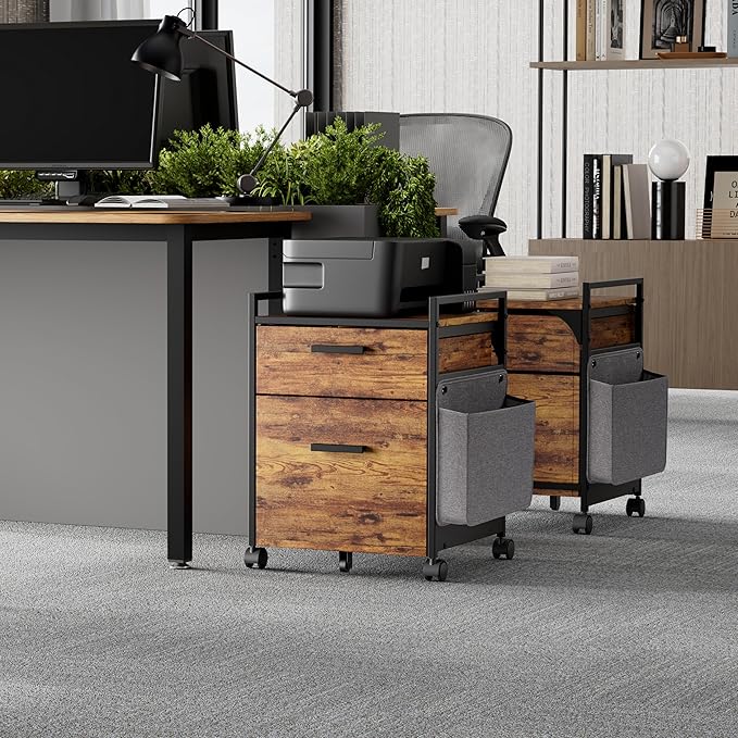 EUREKA ERGONOMIC 2-Drawer Mobile File Cabinet with Wheels, Solid Wood Rolling Storage Cabinet for Home Office, Space-Saving Under Desk Organization with Printer Stand, Rustic Brown