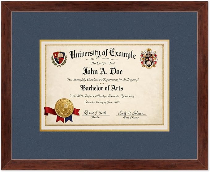 CountryArtHouse Diploma Frame Fits 11.69 x 8.27 A4 Certificate - Keepsake Graduation Display Rustic Walnut Genuine Hardwood with Navy Blue Over Metallic Gold Double mat