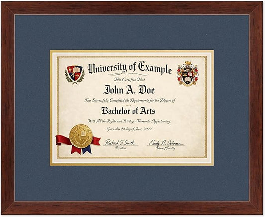 CountryArtHouse Diploma Frame Fits 11.69 x 8.27 A4 Certificate - Keepsake Graduation Display Rustic Walnut Genuine Hardwood with Navy Blue Over Metallic Gold Double mat