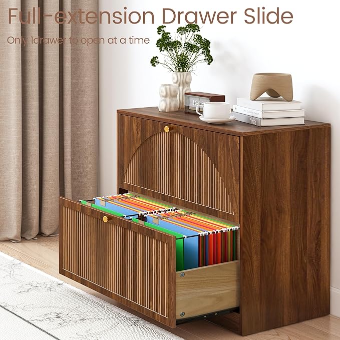 Fluted 2 Drawer Lateral File Cabinet, Office Wood File Cabinet & Printer Cabinet with Adjustable & Removable Hanging Rod for Letter/Legal/A4 (Walnut)