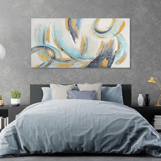Glvzygy Abstract Wall Art Blue and Gold 24"x48" Canvas Wall Decor Frame Artwork Modern Home Wall Decor for Living Room, Bedroom, Office