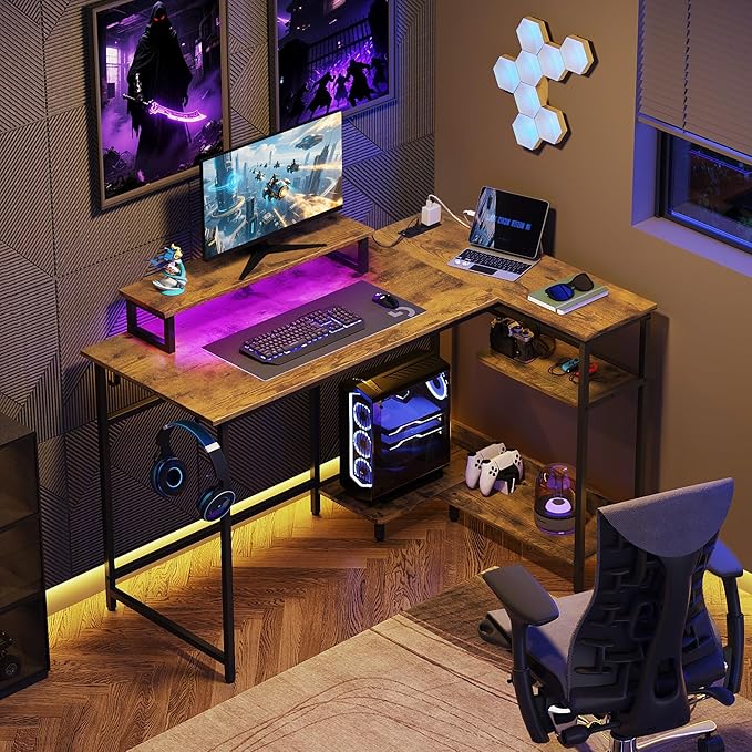 DEVAISE 47 Inch L Shaped Gaming Desk with LED Lights & Power Outlets, Corner Desk for Small Spaces, Sturdy PC Computer Table with Storage for Home Office, Rustic Brown