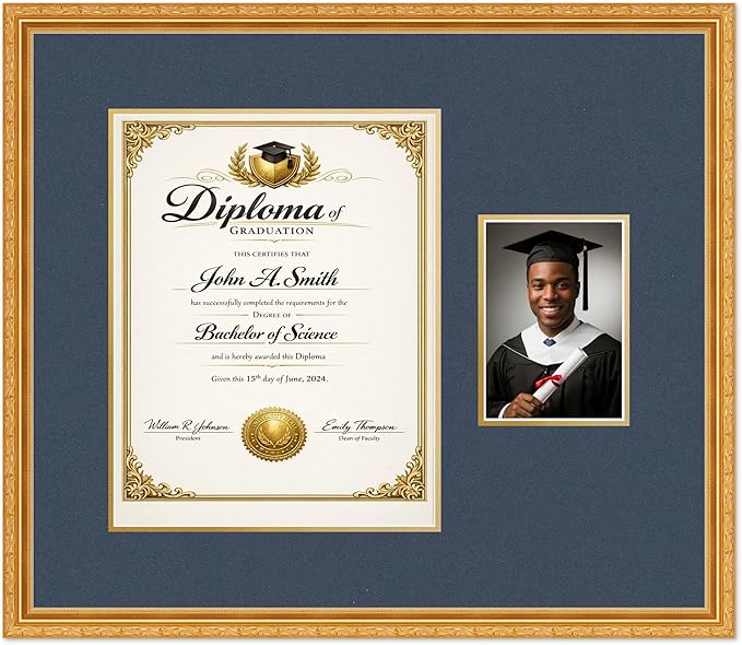 CountryArtHouse Fits 11 x 14 College Diploma (Portrait) and 5 x 7 Photo Diploma and Photo Frame Museum Gold Genuine Hardwood with Navy Blue Over Metallic Gold Double mat