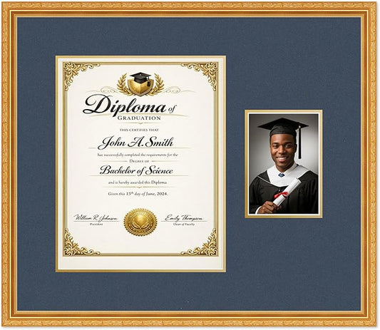 CountryArtHouse Fits 11 x 14 College Diploma (Portrait) and 5 x 7 Photo Diploma and Photo Frame Museum Gold Genuine Hardwood with Navy Blue Over Metallic Gold Double mat