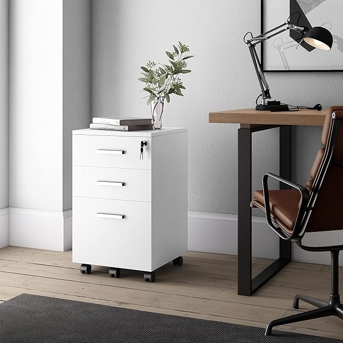 Modern Design Lazio White File Cabinet, Filing Cabinets for Home Office, Drawers for Under Desk, Locking 3 Drawer Rolling Wood File Cabinet with Lock, by Crafts and Comfort