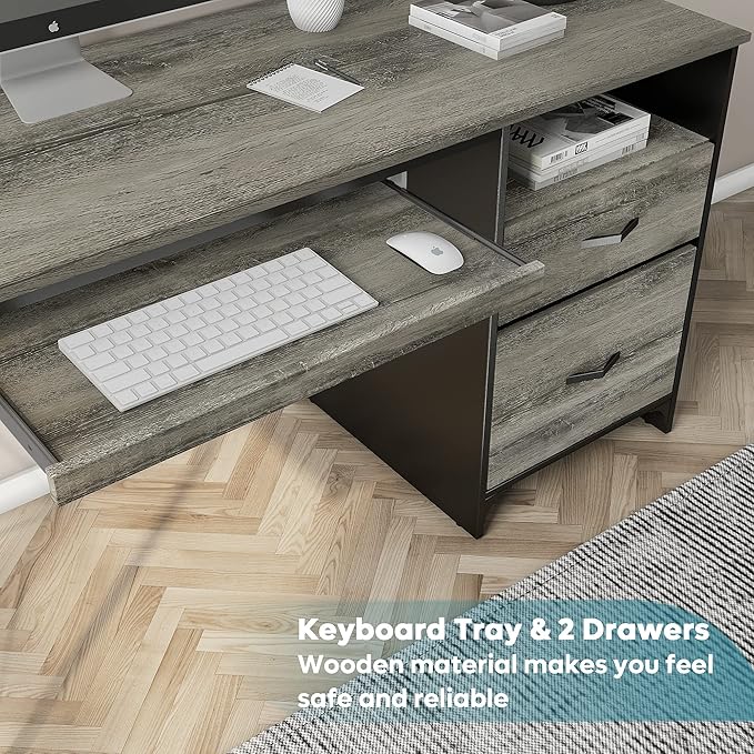 Bestier Office Desk with Drawers, 55 inch Industrial Computer Desk with Storage, Wood Teacher Desk with Keyboard Tray & File Drawer for Home Office, Dark Gray Oak
