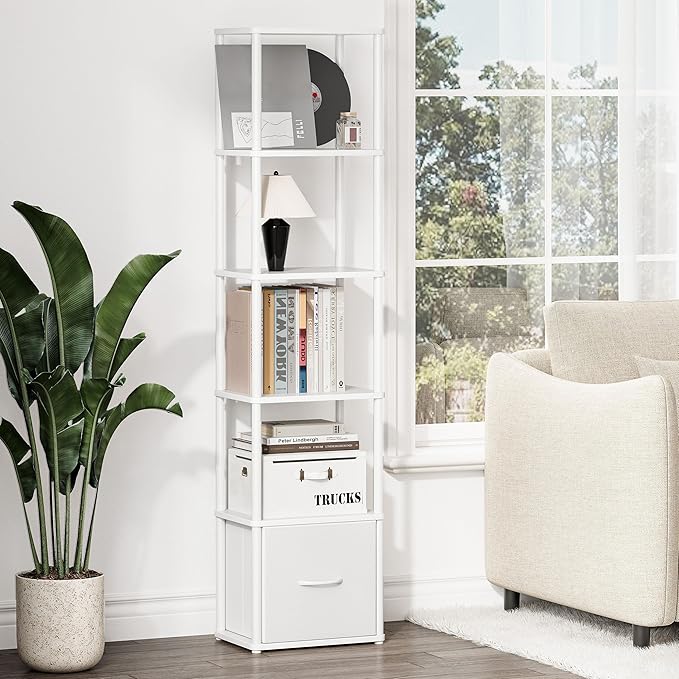 6-Tier Bookshelf Organizer, Narrow Bookcase,Tall Skinny Bookshelves, Standing Ladder Shelf with Drawer, Small Book Shelf with Storage for Living Room, Bedroom, Office, Study White HBC505W