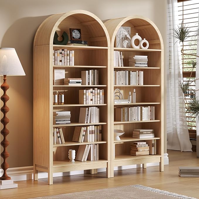 Tall Arched Bookshelf, 7-Tier Bookcase with 3 Adjustable Shelves, Modern Farmhouse Storage Shelf for Living Room, Entryway, Office, 29.5" W x 70.1" H x 13.8" D, Natural Oak
