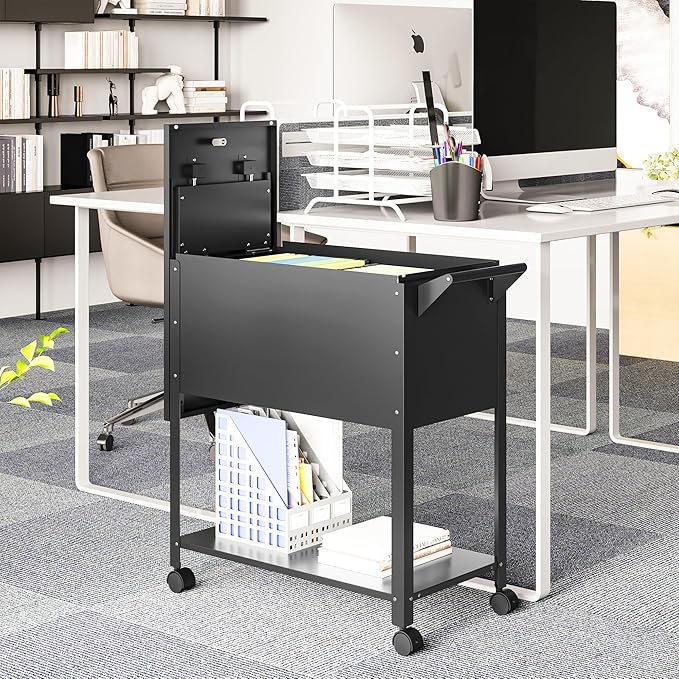Mobile File Cabinet, 2-Tier Rolling File Cart with Wheels Hanging Files, Metal File Cabinets with Lock and Sliding Covers for A4/Letter/Legal Size, Black