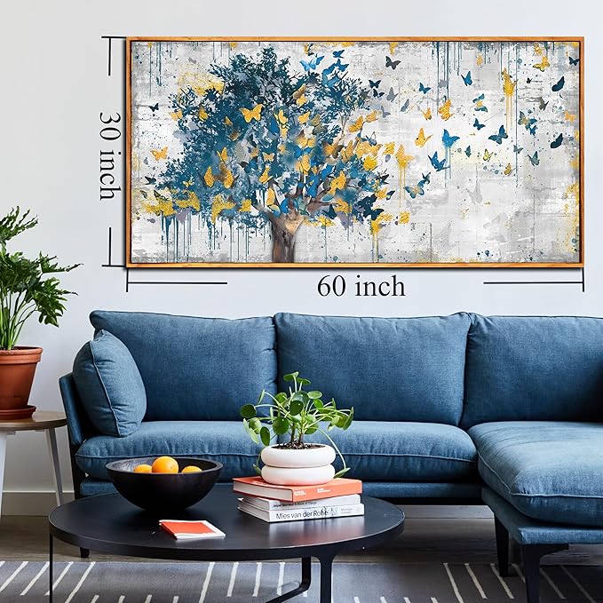 Large Framed Canvas Wall Art Blue Tree Golden Butterflies Picture Abstract Grey Graffiti Canvas Prints Ready to Hang for Living Room Bedroom Size 30x60