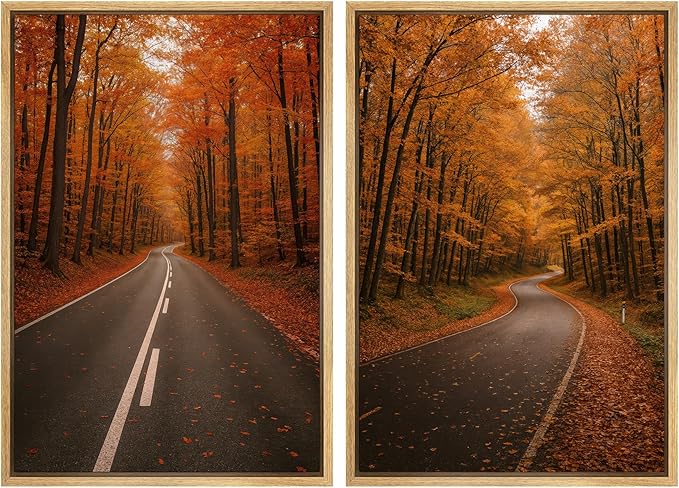 SIGNWIN Framed Canvas Print Wall Art Set Autumn Forest Road Nature Landscape Illustrations Modern Art Minimal Boho Relax/Calm for Living Room, Bedroom, Office - 24"x36"x2 Natural