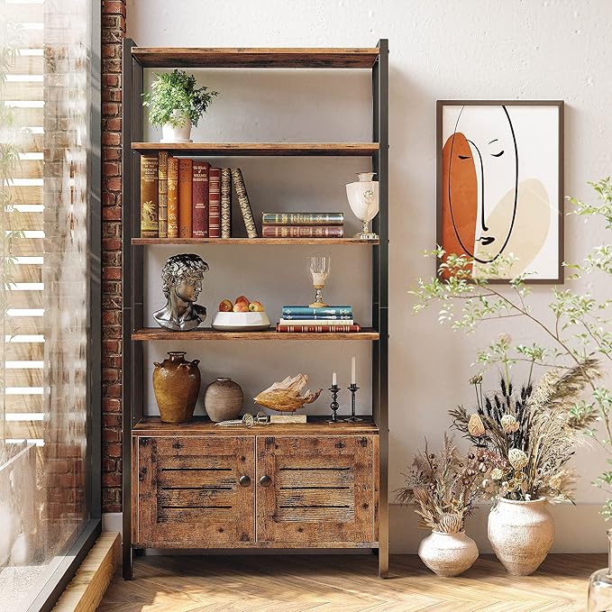IRONCK Bookshelf and Bookcase with Two Louvered Doors and Four Shelves, 27.6" Wide Standing Storage Cabinet for Living Room, Home Office, Bedroom, Washroom, Vintage Brown