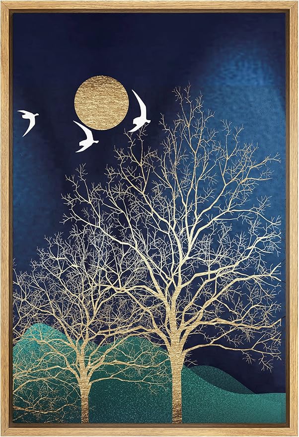 SIGNFORD Framed Canvas Print Wall Art White Birds Fly Over Golden Trees Abstract Wilderness Illustrations Modern Art Contemporary Scenic for Living Room, Bedroom, Office - 16"x24" Natural